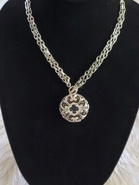 White House Black Market Silver Gray Rhinestone Medallion Double Chain Necklace